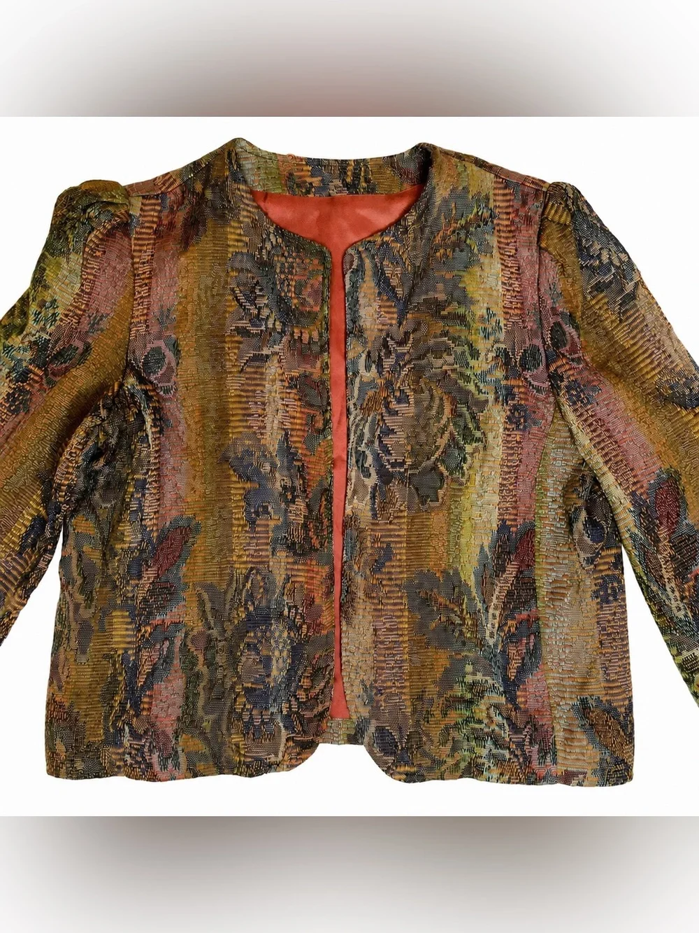 Vintage 80s Tapestry Texture Blazer Women SZ M Art Deco Cottagecore Grandmacore
